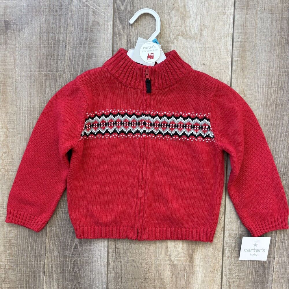 Carter's Boys Zip Sweater Red Fair Isle Nordic 24 Months NWT Holiday Christmas